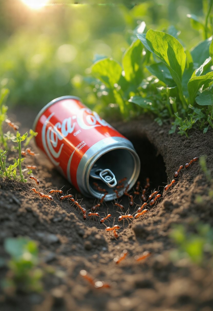 a can of Coca-Cola lying on the ground in a garden. The can is red and white with the word "Coca-Cola" written on it in white letters. Inside the can, there is a small hole in the soil with a group of ants crawling around it. The ants are brown and appear to be ants. The soil is dark brown and there are small green plants growing around the can. The background is blurred, but it appears to be a grassy area with sunlight shining through the leaves.