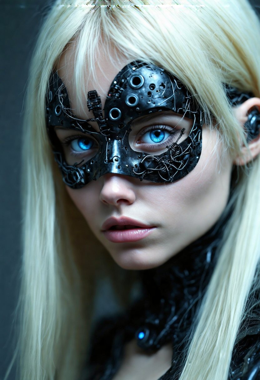 a close-up portrait of a woman's face and upper body. The woman has blonde hair and blue eyes. She is wearing a futuristic-looking mask with intricate details and patterns. The mask is made up of black metal and has a large eye in the center. The eye is surrounded by small circular holes and wires, giving it a futuristic and futuristic look. The background is a dark grey color, making the mask stand out even more. The overall mood of the image is dark and mysterious