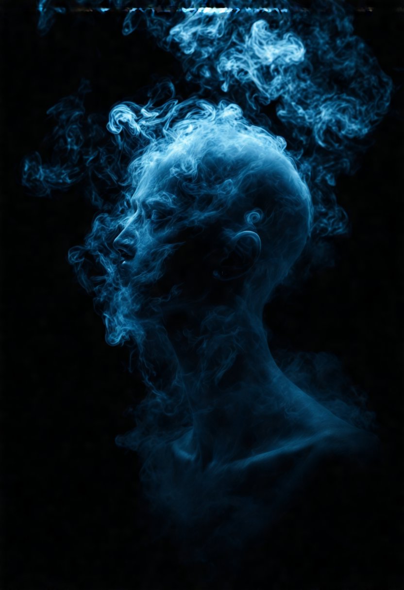 a digital art piece that appears to be a portrait of a person's head and neck. The person is surrounded by a dark blue smoke or fog, creating a mysterious and eerie atmosphere. The smoke is swirling around the person's face and neck, with the head appearing to be in a state of deep thought or contemplation. The background is a solid black color, making the smoke stand out even more. The overall mood of the image is dark and mysterious.