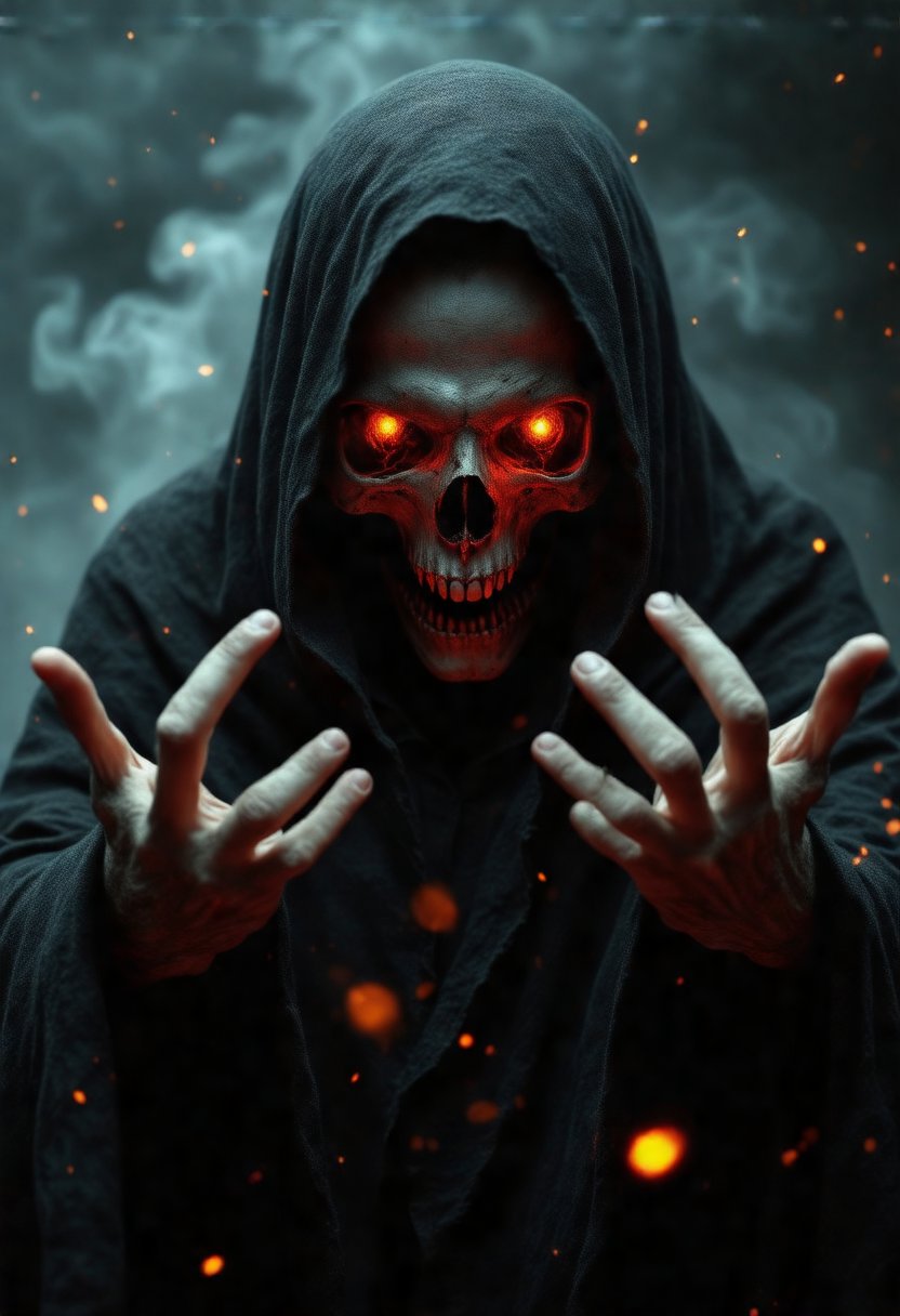 a close-up of a person's face and upper body. The person is wearing a dark cloak with a hood that covers their head and shoulders. The cloak is draped over their shoulders and their hands are raised in a menacing gesture, as if they are reaching for something. The background is dark and foggy, with orange and yellow sparks flying around the person. The face of the person is a skull-like creature with glowing red eyes and sharp teeth. The overall mood of the image is eerie and menacing