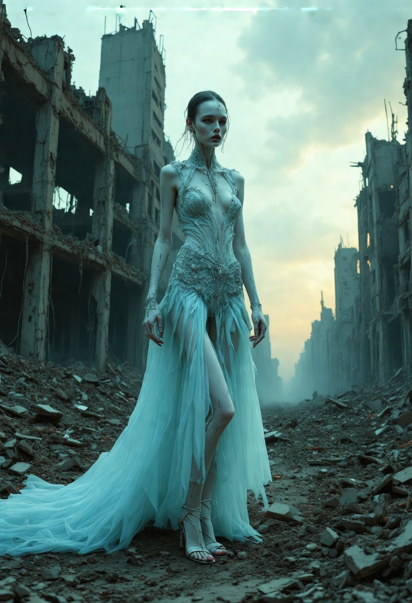 A cinematic photo of a stunning model dressed in light blue with open shoes, luxury dress, in the style of multi-layered textures, ornamental details, gothic core, highly detailed, photorealism, attractive and gorgeous beauty, while standing dominantly and confidently in a desolate place. , dark post-apocalyptic cityscape, capturing the stark juxtaposition of beauty and decay, with the model's perfect skin shining like a beacon of hope amidst the devastated cityscape. Photographed with a focused depth of field to blur the gloomy surroundings, emphasizing her striking, rebellious pose. full body, golden hour.