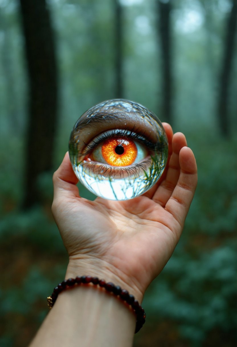 a close-up of a person's hand holding a crystal ball. The crystal ball is spherical and appears to be floating in the air. Inside the crystal ball, we can see an eye with orange iris and long eyelashes. The eye is surrounded by a forest-like background with trees and foliage. The person is wearing a bracelet on their wrist. The image has a dreamy and ethereal quality to it