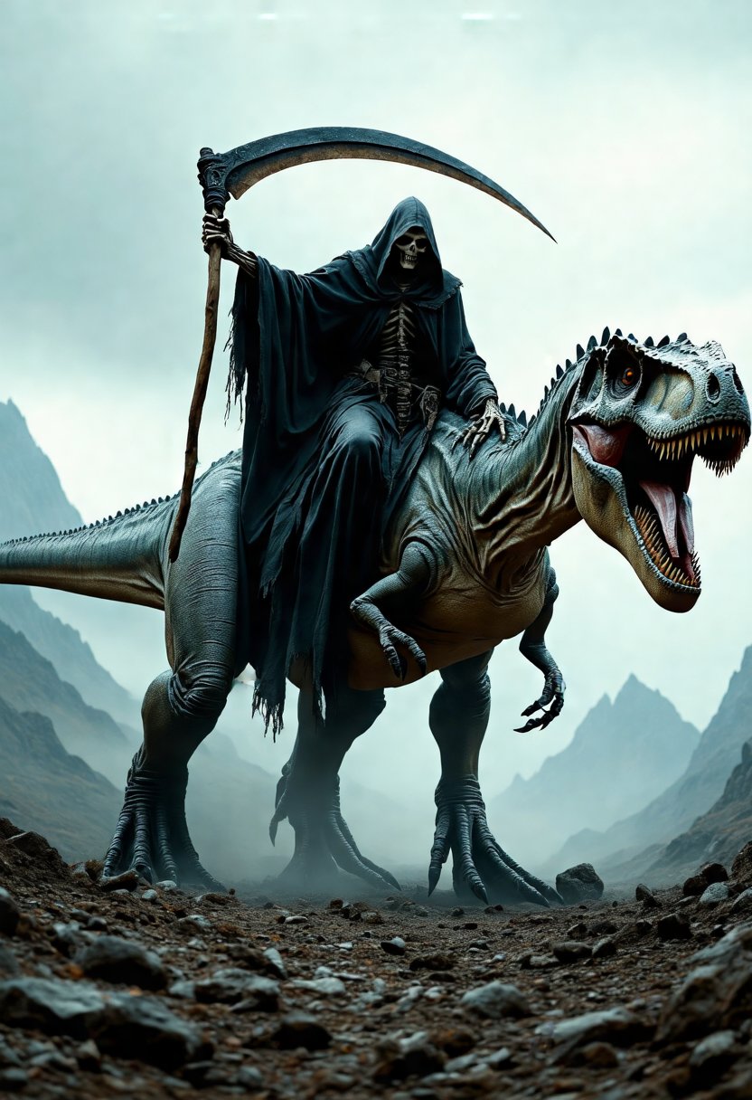 a grim reaper riding on the back of a dinosaur. The reaper is wearing a black robe and a hooded cloak, and is holding a scythe in his right hand. The dinosaur is a large, grey creature with sharp teeth and sharp claws. It is standing on a rocky terrain with mountains in the background. The sky is foggy and the overall mood of the image is dark and ominous