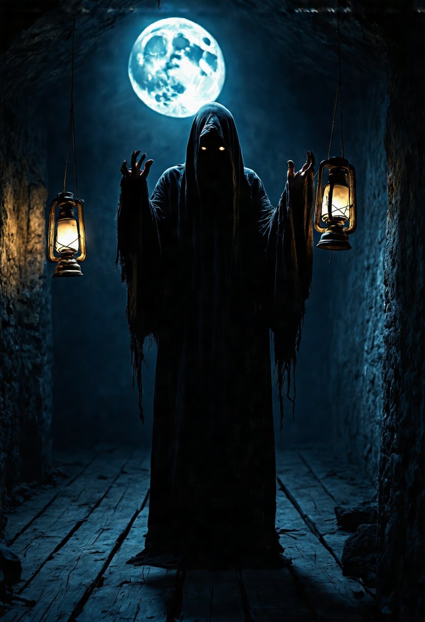 a dark and eerie scene of a person standing in a dark room with a full moon in the background. The person is wearing a long, dark robe with a hood that covers their face and arms. They are holding two lanterns hanging from the ceiling, which are lit from within. The floor is made of wooden planks and the walls are made of stone. The overall mood of the image is eerie and foreboding