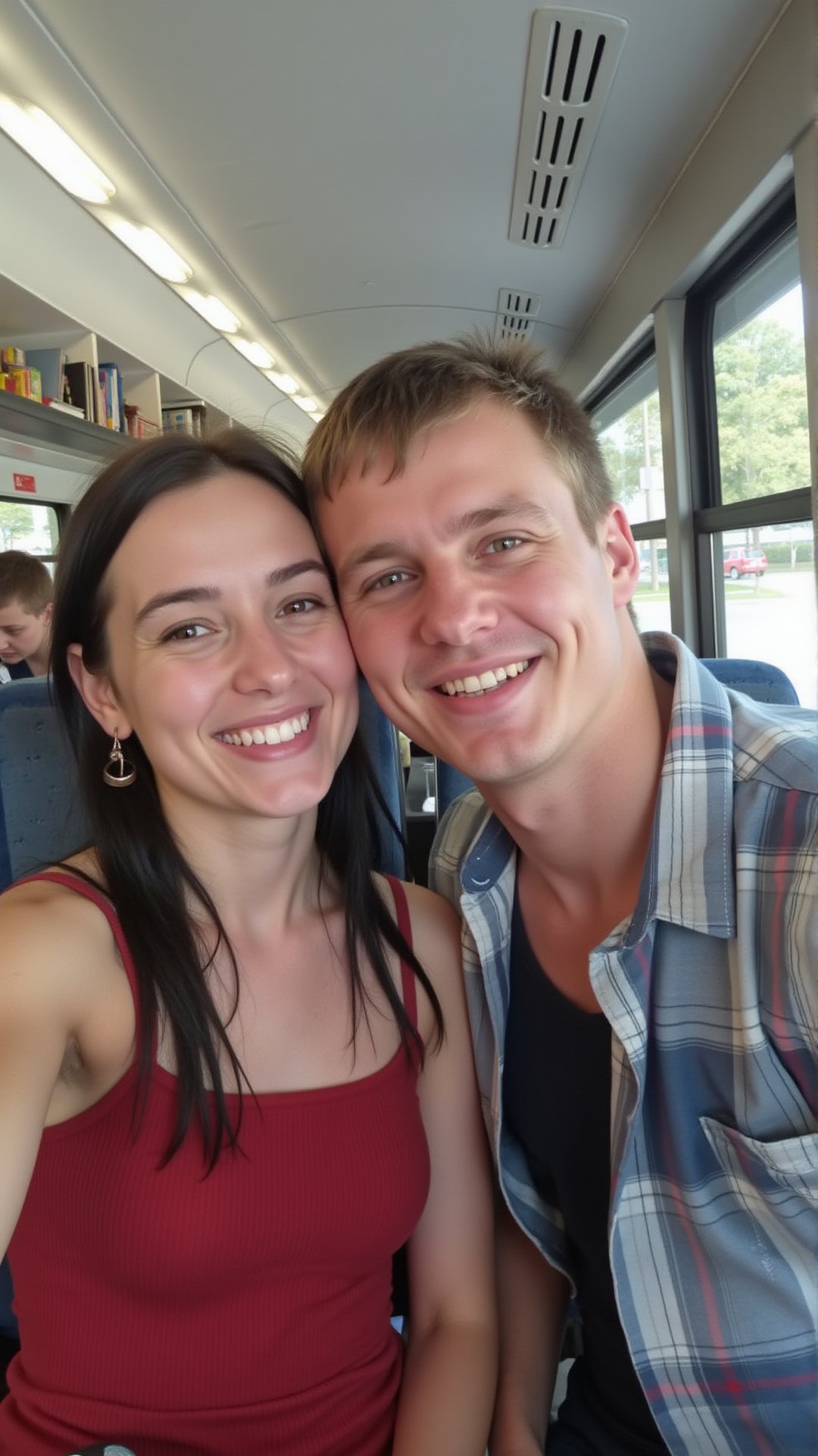 A young couple taking selfie on the bus