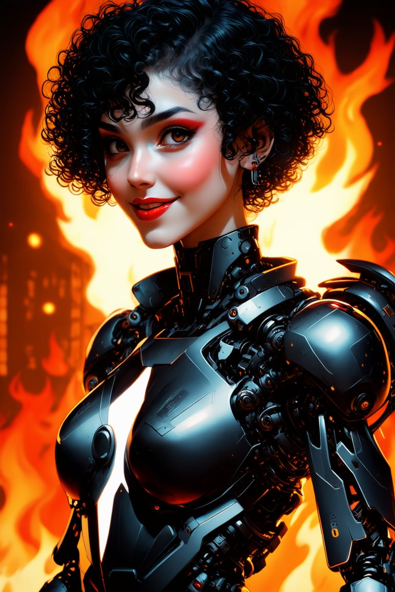 (by Loish, Leyendecker, james gilleard),  A full body shot of a young goth woman, short black curly hair, slightly smiling, one raised eyebrow, wearing a black metal cyborg suit , red lips, dark eye makeup, dark future battlefield background, ,heavy_jacket,Fire Angel Mecha