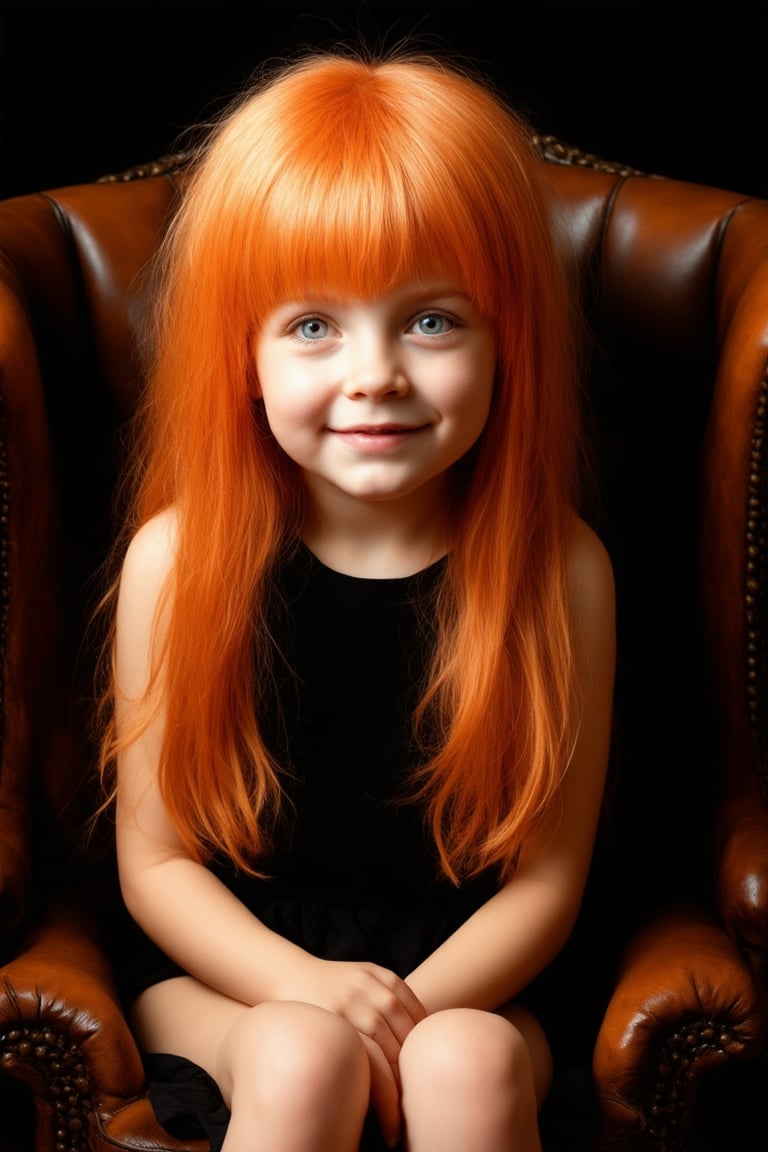 masterpiece, highly detailed full body image of ayoung girl with light gray eyes, Light orange long hair, punk hairstyle, smile, sweet and shy expression, little smile, cozy lighting, very dark background, wearing a black mini dress, sitting in a leather chair, unusual composition, use of negative space, spectral, close-up, detailed eyes, detailed mouth,LegendDarkFantasy