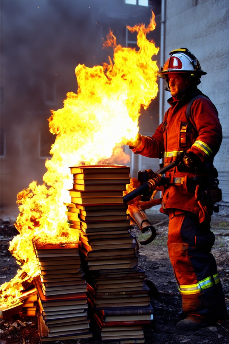 Closeup of a fireman, Guy Montag from Fahrenheit 451, torching a pile of books with a flamethrower.