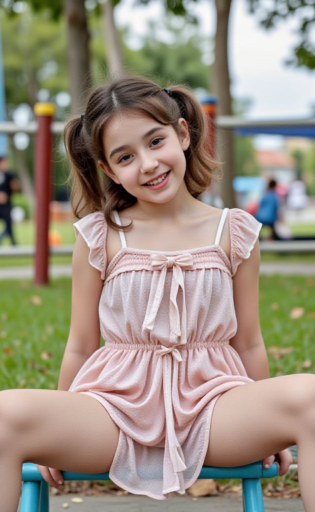 "Chloe, a 12-year-old with a petite and adorable frame, sitting joyfully at the bench. Seated with her legs spread out, her playful dress  has shifted, revealing a hint of her cute underwear. Chloe’s lively and enthusiastic nature adds to the fun atmosphere."