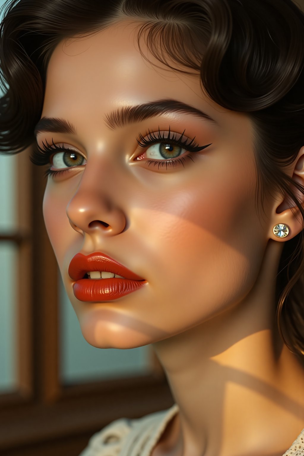 Create a close-up portrait of a girl with a vintage, glamorous look, using warm, golden-hour lighting to create a nostalgic feel. The background should be a blurred, sepia-toned setting with hints of old-fashioned decor. Her eyes are wide and expressive, with a touch of eyeliner and mascara, and her eyelashes are thick and voluminous. Her skin is smooth and flawless, with a natural flush on the cheeks and a subtle highlight on the brow bone. Her hair is styled in elegant waves, with a few loose strands framing her face. Her lips are painted a classic red, and the overall mood is timeless and sophisticated, capturing a moment of vintage glamour.