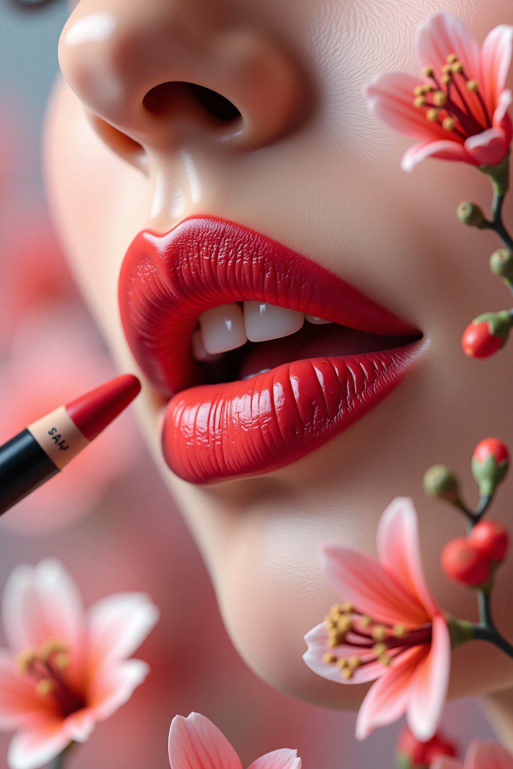 A close-up of a woman's lips being outlined with a luxurious red lip liner. As the pencil touches her lips, vibrant flowers and delicate petals bloom from the drawn contour, symbolizing beauty and growth. The flowers are soft pinks, reds, and whites, blending harmoniously with the natural lip color. The scene is highly detailed, with a focus on the soft texture of the lips and the rich, smooth line being drawn by the pencil. The background is softly blurred, drawing attention to the blooming effect around the lips, while the lip liner, with the brand name 'SAYEAH' clearly visible,