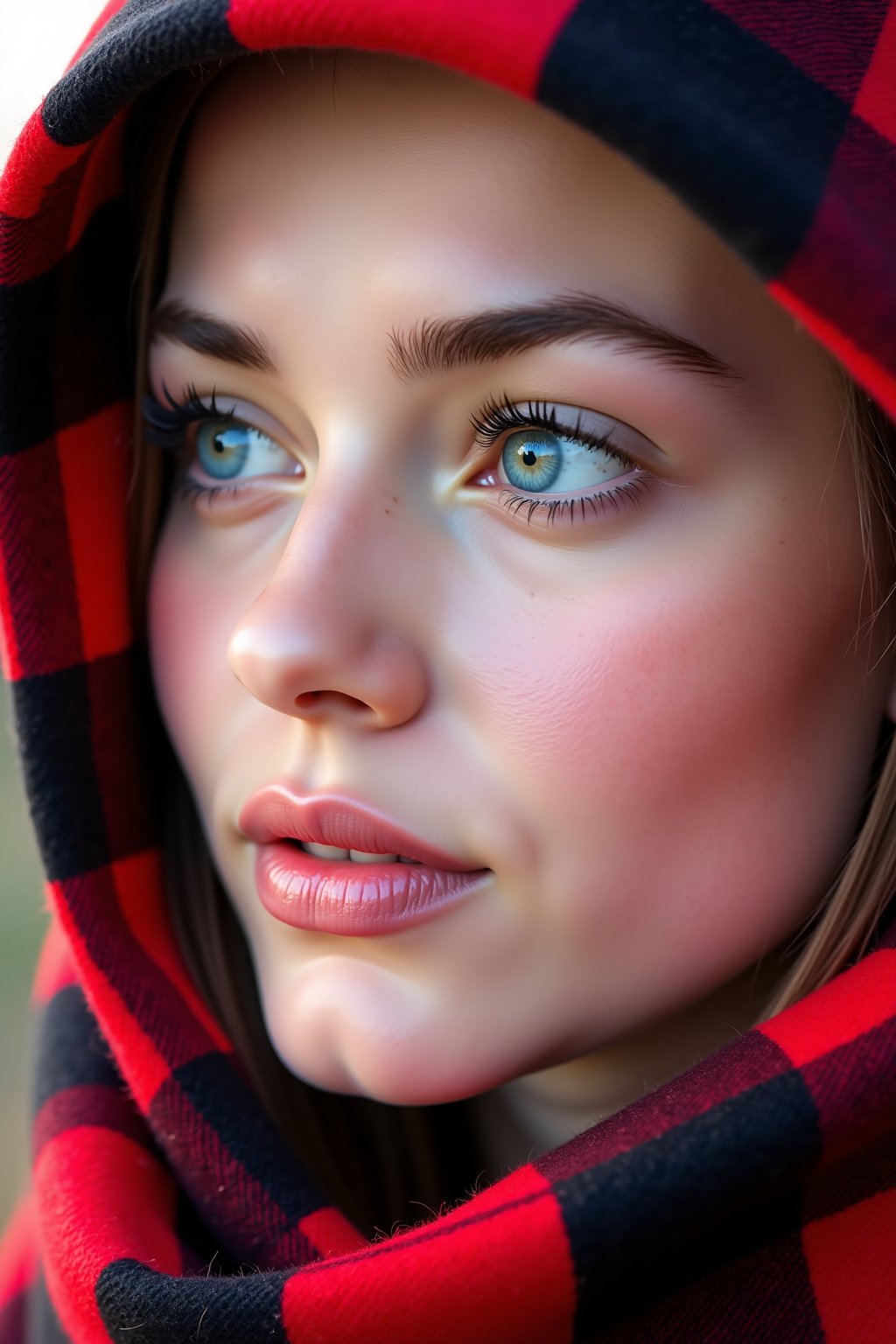 a high-resolution photograph of a close-up of a young woman's face, focusing on her right eye and part of her nose. Her skin is fair, smooth, and radiant, with a subtle glow. She has striking blue eyes with long, thick, dark eyelashes, and her eyebrows are neatly groomed. Her lips are full and naturally pink, with a hint of gloss. She is wearing a red and black checkered scarf that covers her head, with the pattern visible in the background. The scarf's texture appears soft and cozy, possibly made from a blend of wool and cotton. The lighting is soft and natural, highlighting the contours of her face and the intricate details of her makeup. She has a light dusting of blush on her cheeks, and her eyelids are subtly lined with a soft brown eyeshadow. The background is out of focus, emphasizing the subject's face and the details of the scarf. The overall composition and styling suggest a warm, intimate portrait, possibly taken in a studio or an outdoor setting with soft, natural light.