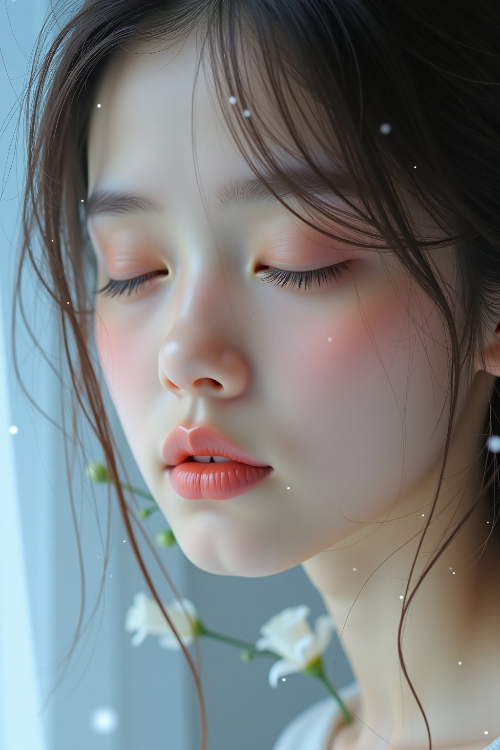 Create a close-up portrait of a girl with a serene, ethereal expression, featuring fair skin and long, flowing hair. Use soft, diffused lighting with a slight blue or pink tint to create a dreamlike atmosphere. The background should be blurred and pastel-colored, with soft, abstract shapes or patterns. Her eyes are closed, with long, delicate lashes, and her skin is smooth and glowing, with a subtle hint of blush on the cheeks. A few strands of her hair gently frame her face, and her mouth is slightly parted, showing the top lip and a hint of the bottom lip. The overall mood is calm and tranquil, capturing a moment of peaceful serenity.