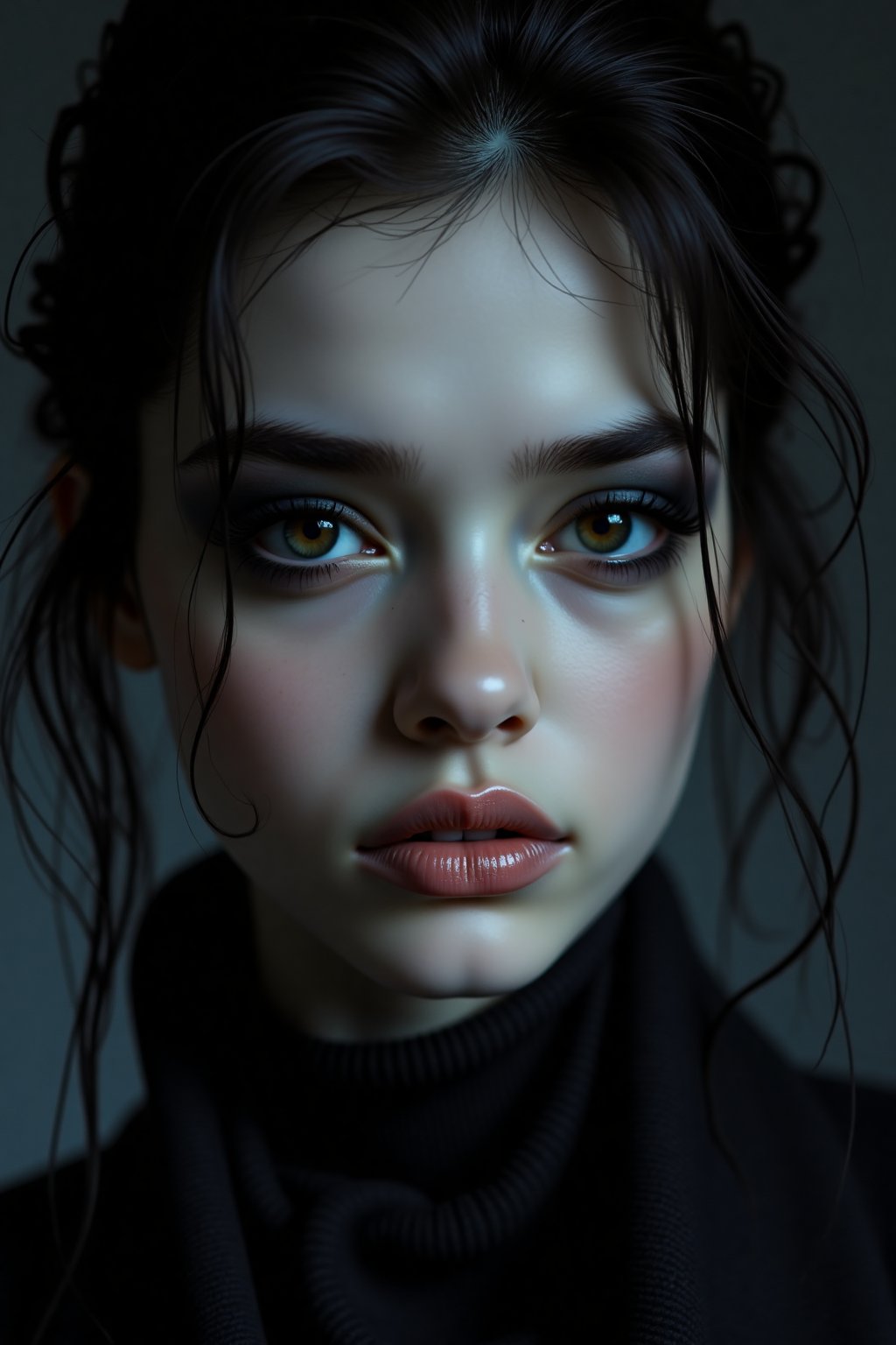 Create a close-up portrait of a girl with dark, dramatic makeup and a mysterious aura, using low-key lighting with deep shadows and high contrast. The background should be dark and moody, with abstract, shadowy elements. She has a serious, contemplative look with a slight frown, dark and intense eyes with smoky eyeshadow and thick eyeliner, pale and smooth skin with a slight sheen, and dark, sleek hair styled in a modern way. The overall mood is mysterious and enigmatic.