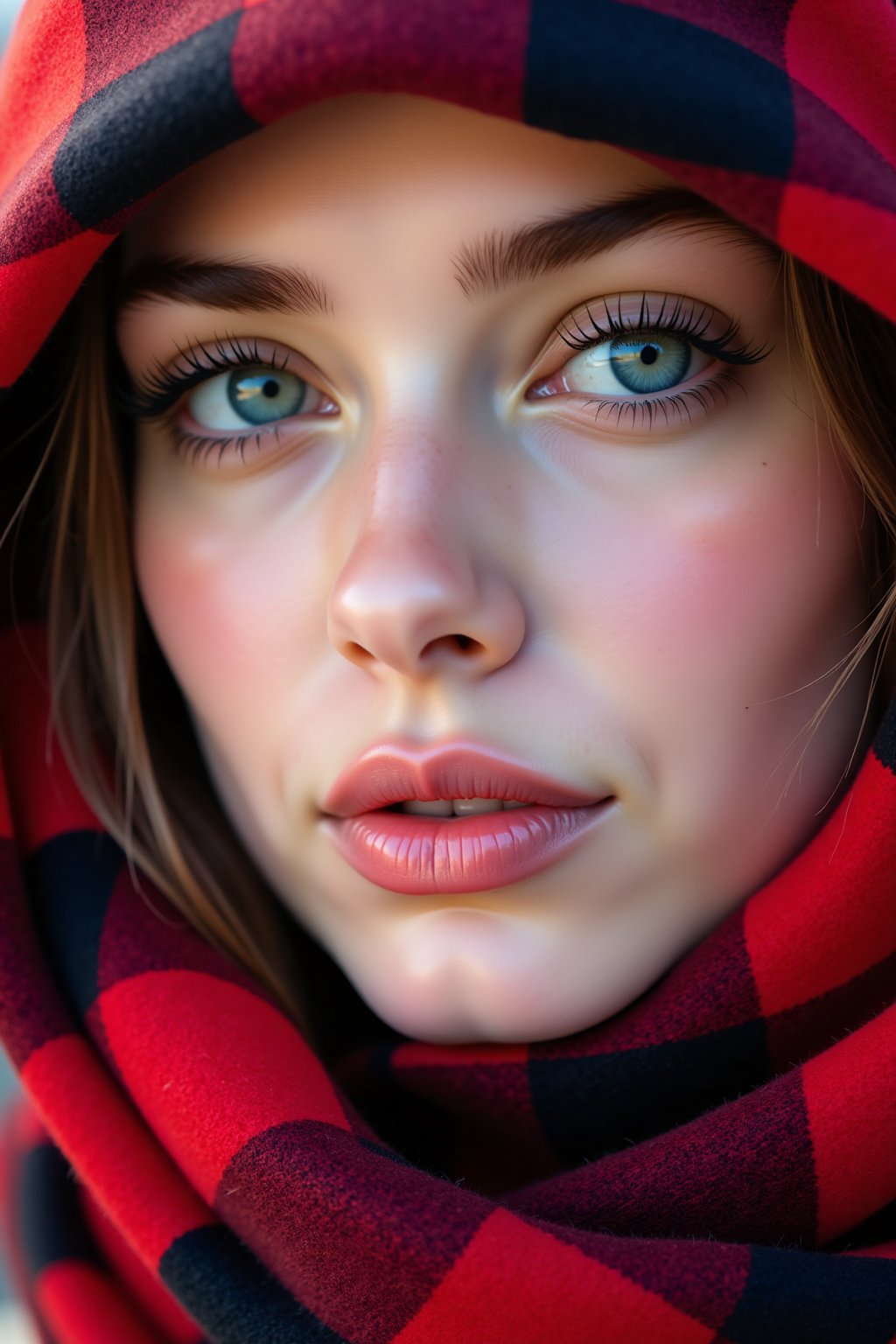 a high-resolution photograph of a close-up of a young woman's face, focusing on her right eye and part of her nose. Her skin is fair, smooth, and radiant, with a subtle glow. She has striking blue eyes with long, thick, dark eyelashes, and her eyebrows are neatly groomed. Her lips are full and naturally pink, with a hint of gloss. She is wearing a red and black checkered scarf that covers her head, with the pattern visible in the background. The scarf's texture appears soft and cozy, possibly made from a blend of wool and cotton. The lighting is soft and natural, highlighting the contours of her face and the intricate details of her makeup. She has a light dusting of blush on her cheeks, and her eyelids are subtly lined with a soft brown eyeshadow. The background is out of focus, emphasizing the subject's face and the details of the scarf. The overall composition and styling suggest a warm, intimate portrait, possibly taken in a studio or an outdoor setting with soft, natural light.