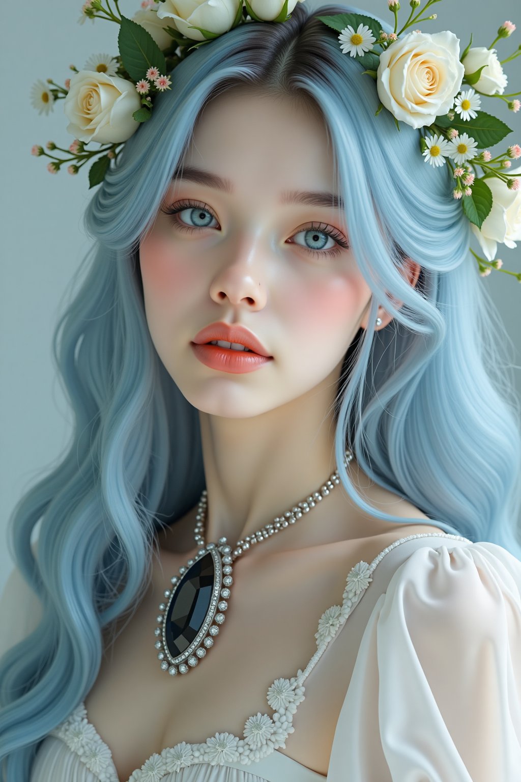 A close-up portrait of a young woman with ethereal features, centered in the frame. She has long, wavy light blue hair adorned with delicate white roses, green foliage, and small flowers, cascading down past her shoulders. Her striking pale blue eyes are accentuated by thick eyelashes and well-defined eyebrows. Her complexion is fair and flawless, complemented by soft pink blush on her cheeks and peach-colored lips. She wears a flowing, translucent white garment with puffed sleeves that add volume and texture. The fabric appears soft and airy, with intricate details such as small floral embellishments near the shoulders. A decorative brooch featuring a large teardrop-shaped dark gemstone surrounded by smaller lighter stones is prominently displayed at the neckline. On her right hand, she wears a prominent silver ring with a large, intricate design. Small white roses are interspersed throughout her hair, adding to the enchanting appearance. The background is softly blurred with light bl