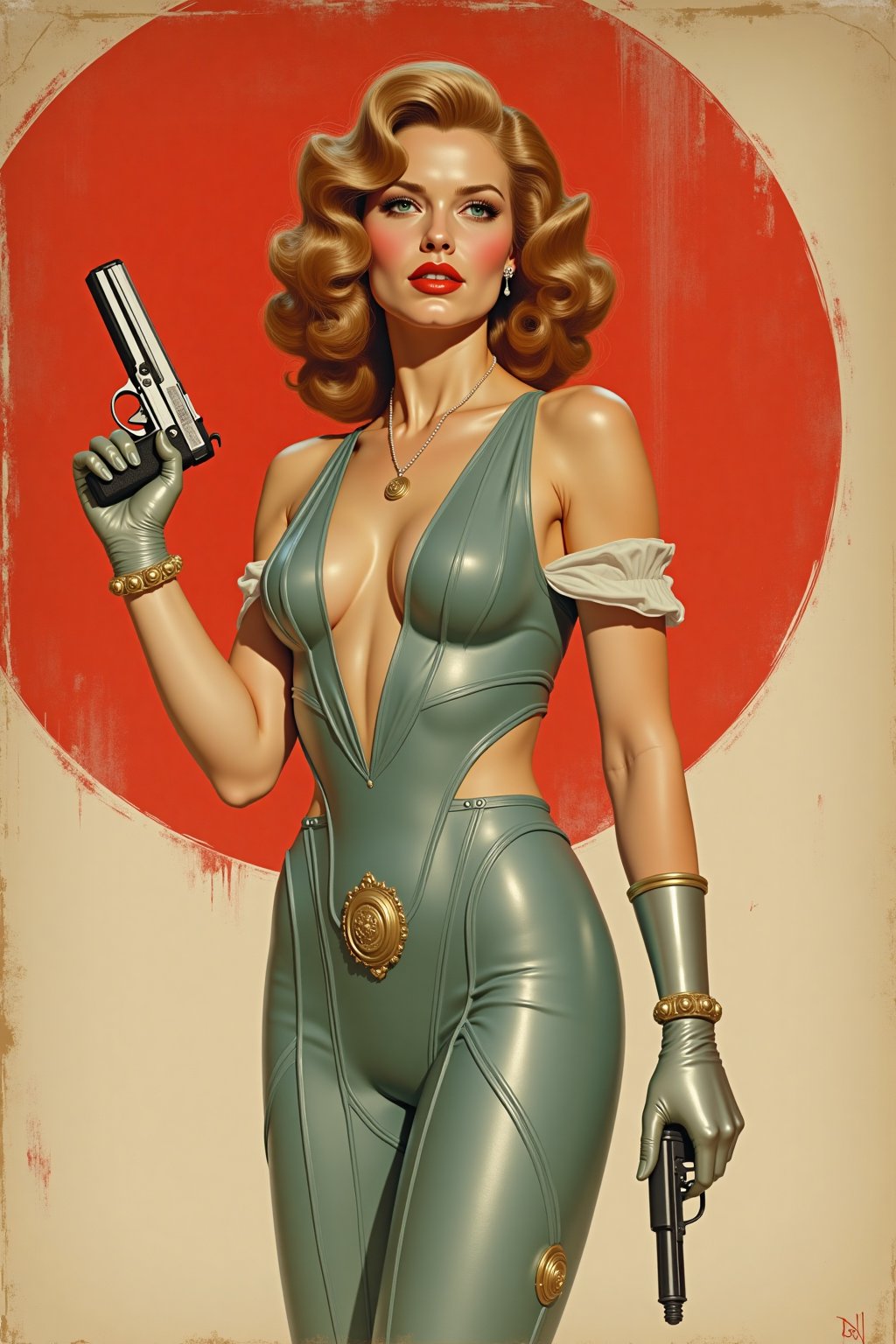  (by Loish, Leyendecker, james gilleard), perfect anatomy, 1920s pinup girl, retro space theme, silver fins, blaster pistols, more detail XL