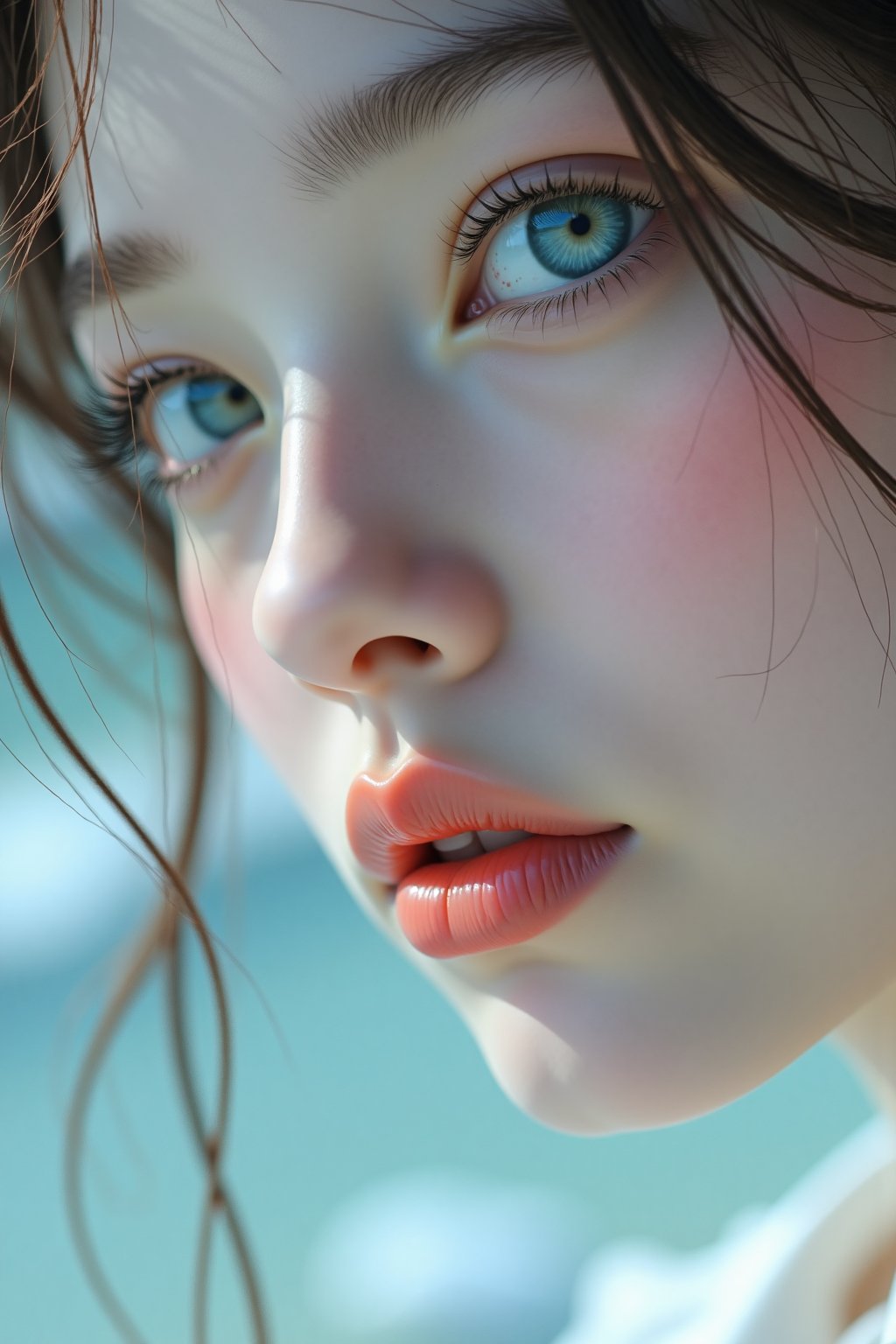 A close-up of a girl with porcelain skin and a soft, ethereal glow. Her eyes are a deep, mesmerizing blue, and her lips are a subtle, natural pink. The background is a blurred, dreamy landscape with hints of pastel colors, enhancing the serene and otherworldly atmosphere