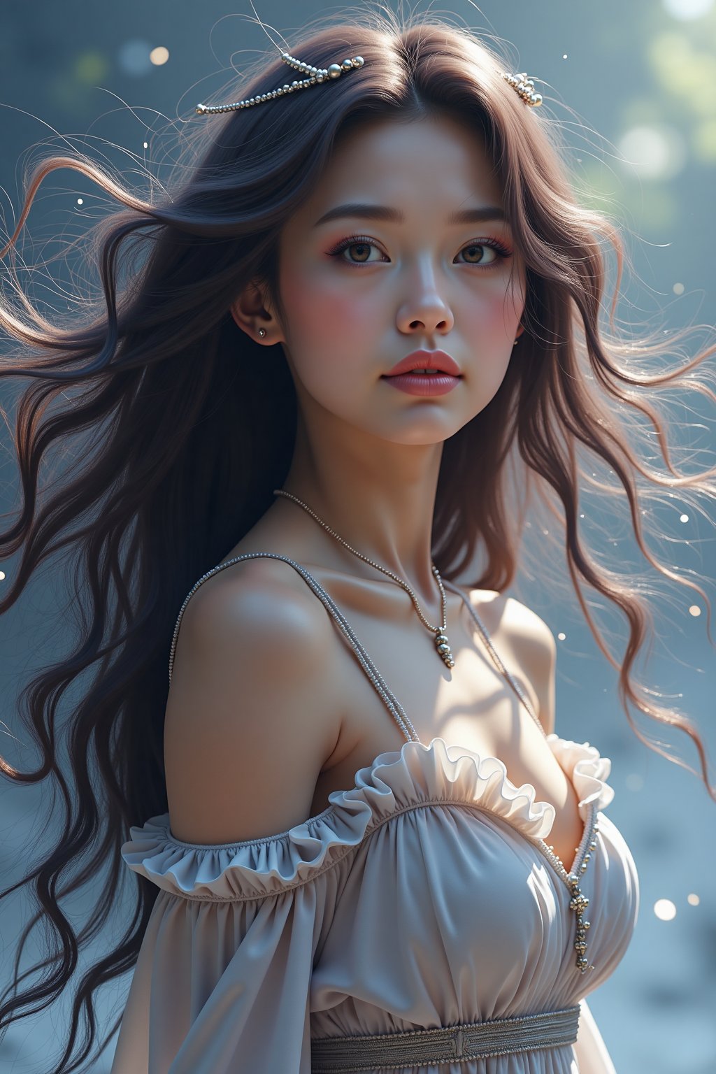 Airbrushing (Beautiful mystical allure) long swirling hair, smart, environment, Using airbrushing for art, often for smooth gradients, spray effects, or automotive art,1 girl,anime