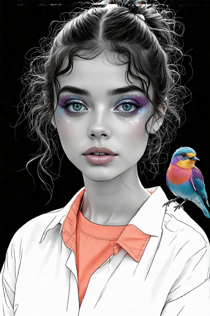 unfinished draft illustration with a simple outline in white line made on black paper of a young very beautiful young woman, with lovely eyes and curly hair tied in a ponytail, with the color of her skin and hair being the same as the black paper, therefore without filling or color contrast. She has violet eyes with metallic blue eyeshadow, a simple coral shirt and a colorful bird perched on her shoulder. his gaze is contemplative.