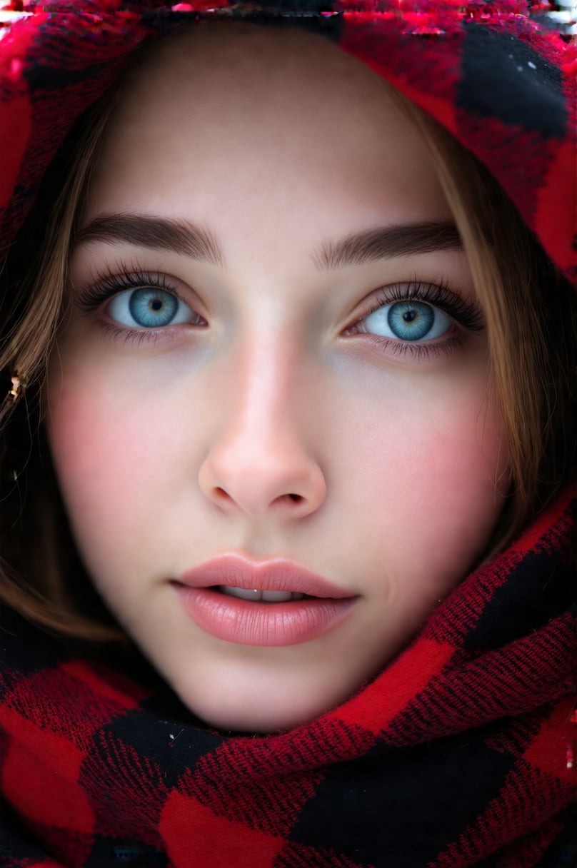 a high-resolution photograph of a close-up of a young woman's face, focusing on her right eye and part of her nose. Her skin is fair, smooth, and radiant, with a subtle glow. She has striking blue eyes with long, thick, dark eyelashes, and her eyebrows are neatly groomed. Her lips are full and naturally pink, with a hint of gloss. She is wearing a red and black checkered scarf that covers her head, with the pattern visible in the background. The scarf's texture appears soft and cozy, possibly made from a blend of wool and cotton. The lighting is soft and natural, highlighting the contours of her face and the intricate details of her makeup. She has a light dusting of blush on her cheeks, and her eyelids are subtly lined with a soft brown eyeshadow. The background is out of focus, emphasizing the subject's face and the details of the scarf. The overall composition and styling suggest a warm, intimate portrait, possibly taken in a studio or an outdoor setting with soft, natural light.