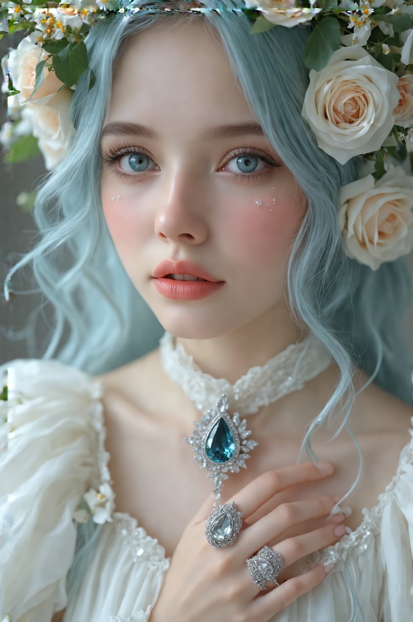 A close-up portrait of a young woman with ethereal features, centered in the frame. She has long, wavy light blue hair adorned with delicate white roses, green foliage, and small flowers, cascading down past her shoulders. Her striking pale blue eyes are accentuated by thick eyelashes and well-defined eyebrows. Her complexion is fair and flawless, complemented by soft pink blush on her cheeks and peach-colored lips. She wears a flowing, translucent white garment with puffed sleeves that add volume and texture. The fabric appears soft and airy, with intricate details such as small floral embellishments near the shoulders. A decorative brooch featuring a large teardrop-shaped dark gemstone surrounded by smaller lighter stones is prominently displayed at the neckline. On her right hand, she wears a prominent silver ring with a large, intricate design. Small white roses are interspersed throughout her hair, adding to the enchanting appearance. The background is softly blurred with light bl