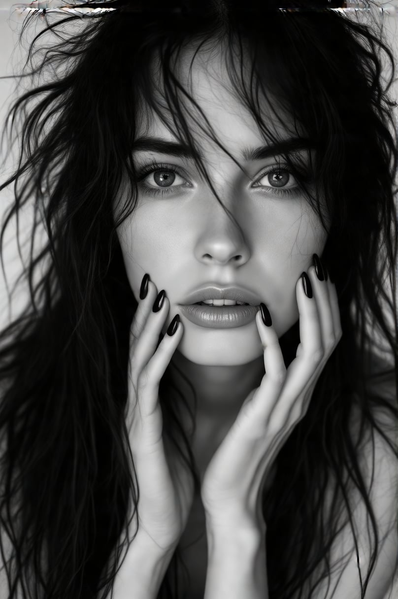 Black and white photograph of a woman with long, messy hair, wearing black nail polish, The lighting is soft and diffused, creating a moody atmosphere. The woman is looking directly at the camera with a serious expression. The photo has a high aesthetic quality with a shallow depth of field, blurring the background. Shot with a DSLR camera, likely a Canon EOS 5D Mark III, using a 50mm lens, f/1.8, 1/125s, ISO 400. The composition uses the rule of thirds, with the woman's face positioned off-center