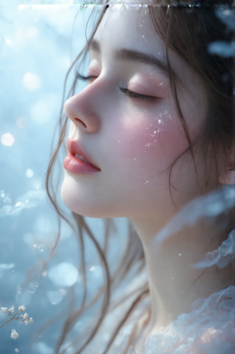 Create a close-up portrait of a girl with a serene, ethereal expression, featuring fair skin and long, flowing hair. Use soft, diffused lighting with a slight blue or pink tint to create a dreamlike atmosphere. The background should be blurred and pastel-colored, with soft, abstract shapes or patterns. Her eyes are closed, with long, delicate lashes, and her skin is smooth and glowing, with a subtle hint of blush on the cheeks. A few strands of her hair gently frame her face, and her mouth is slightly parted, showing the top lip and a hint of the bottom lip. The overall mood is calm and tranquil, capturing a moment of peaceful serenity.