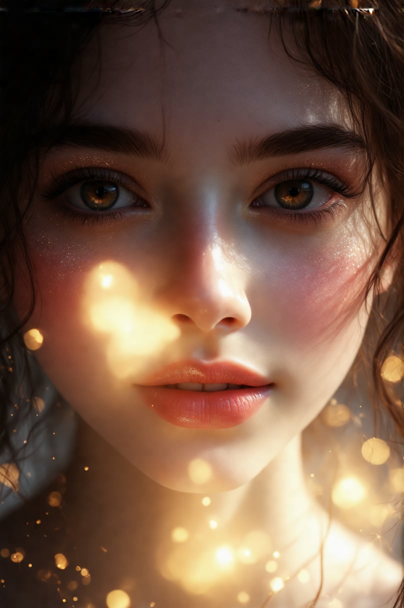 Create a close-up portrait of a girl with a luminous, radiant expression, using soft, diffused lighting to highlight her natural glow. The background should be a blurred, warm golden hue, with subtle, glowing particles. Her eyes are wide and bright, with a hint of shimmer on the eyelids and a slight catch light in each eye. Her skin is smooth and glowing, with a natural flush on the cheeks and a subtle highlight on the nose and forehead. Her hair is styled in soft waves, with a few strands gently framing her face. Her lips are painted a soft, rosy shade, and the overall mood is warm and inviting, capturing a moment of pure radiance.