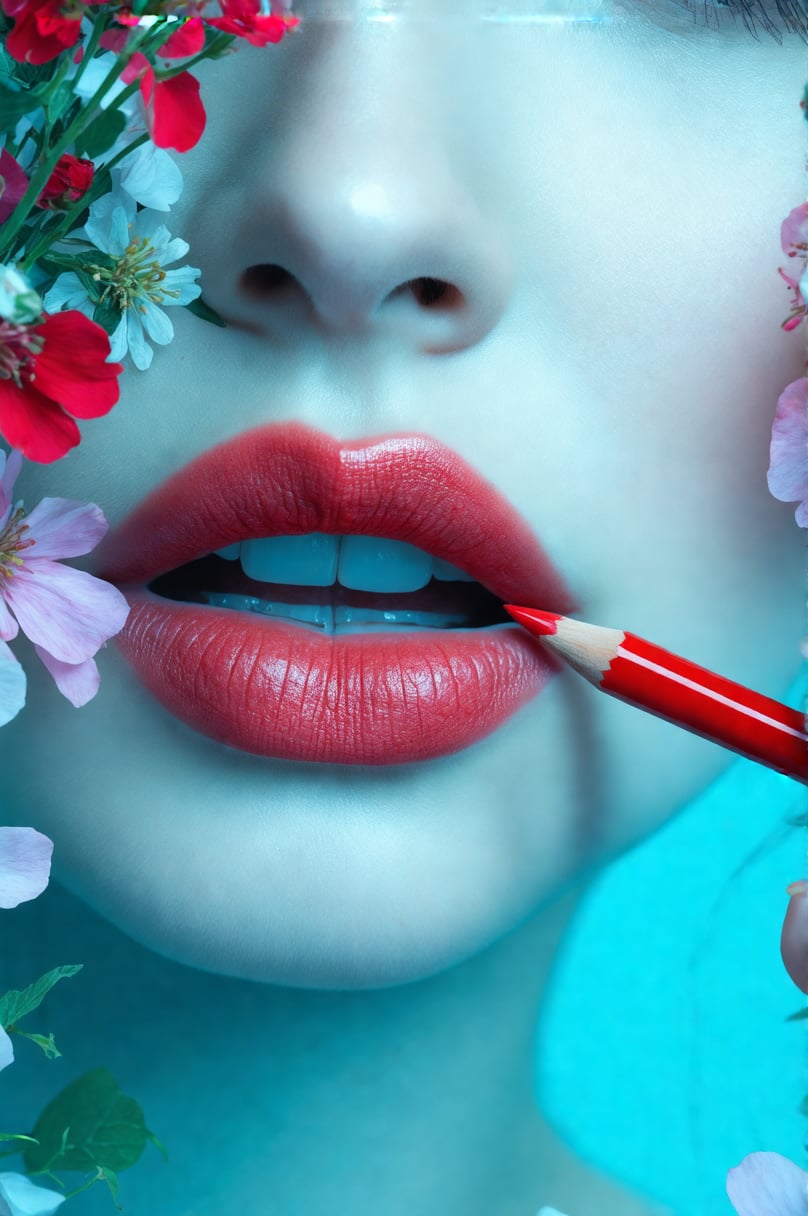 A close-up of a woman's lips being outlined with a luxurious red lip liner. As the pencil touches her lips, vibrant flowers and delicate petals bloom from the drawn contour, symbolizing beauty and growth. The flowers are soft pinks, reds, and whites, blending harmoniously with the natural lip color. The scene is highly detailed, with a focus on the soft texture of the lips and the rich, smooth line being drawn by the pencil. The background is softly blurred, drawing attention to the blooming effect around the lips, while the lip liner, with the brand name 'SAYEAH' clearly visible,