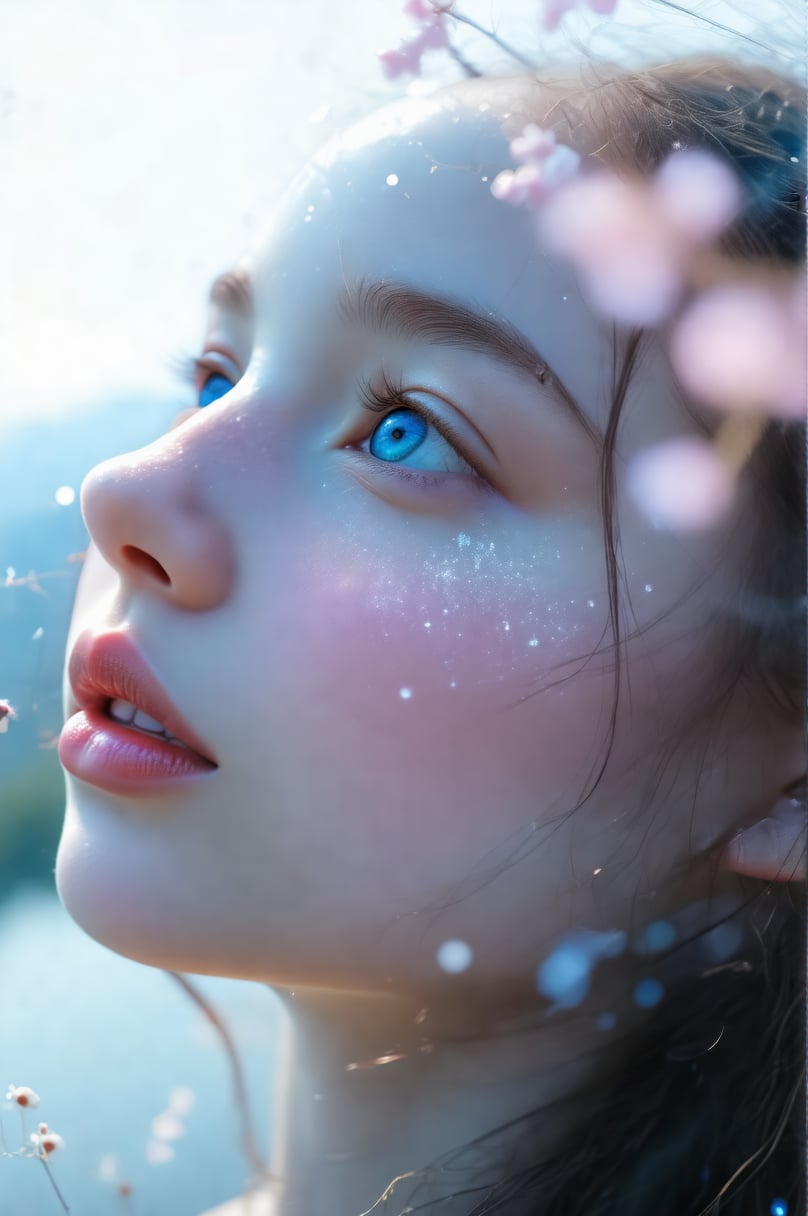 A close-up of a girl with porcelain skin and a soft, ethereal glow. Her eyes are a deep, mesmerizing blue, and her lips are a subtle, natural pink. The background is a blurred, dreamy landscape with hints of pastel colors, enhancing the serene and otherworldly atmosphere.,Midjourney_Whisper