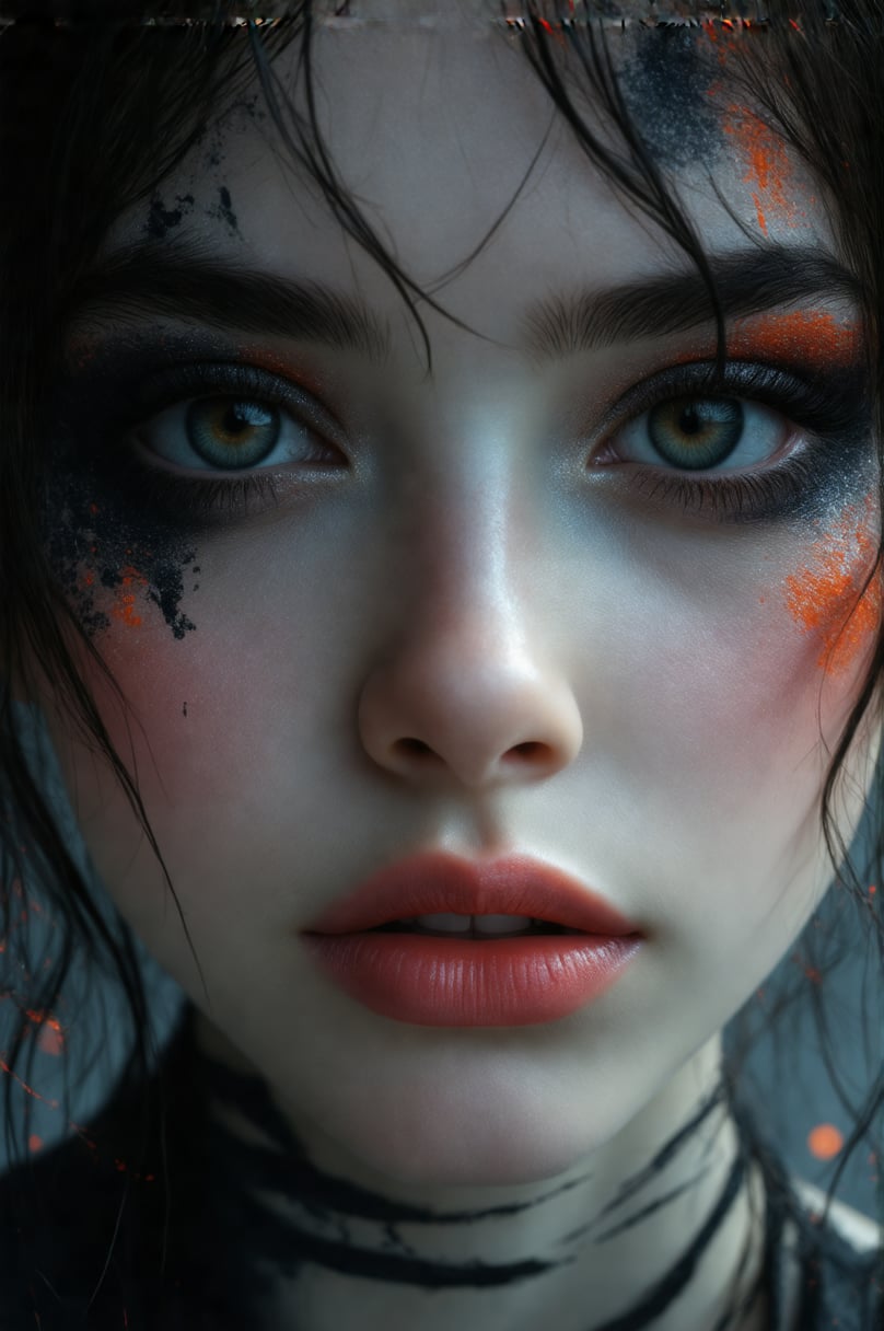 Create a close-up portrait of a girl with an abstract, artistic look, using dramatic, directional lighting to create bold shadows and highlights. The background should be a blurred, abstract pattern with bold, contrasting colors. Her eyes are wide and intense, with a smoky eyeshadow that blends into the shadows. Her skin has a textured, almost painted quality, with subtle highlights and shadows that enhance her features. Her hair is styled in a wild, artistic manner, with loose, messy strands framing her face. Her lips are painted a deep, matte color, and the overall mood is creative and expressive, capturing a moment of artistic freedom.