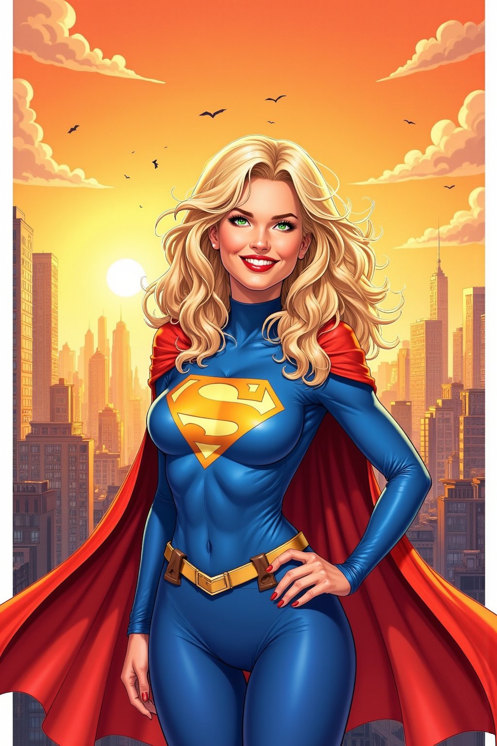 A FrameForge style illustration of a young woman in the style of a comic book superhero. She has long, wavy blonde hair that cascades down her shoulders and is adorned with a red cape that flows behind her. Her face is smiling with bright, green eyes, and she has a warm complexion. She is wearing a form-fitting blue bodysuit with a prominent yellow "S" emblem on her chest, indicative of her superhero identity. The bodysuit is designed to accentuate her curves and has a sleek, modern appearance. In the background, there is a cityscape with tall, modern skyscrapers that blend into a gradient of orange and yellow hues, suggesting either a sunrise or sunset. The sky is filled with a few scattered clouds, and there are small, silhouetted birds flying in the distance. The overall atmosphere is bright and cheerful, with the warm tones of the setting sun casting a golden glow over the scene. The woman stands confidently, with her right hand resting on her hip, exuding a sense of strength and determination. The image is highly detailed and polished, characteristic of high-quality digital art.