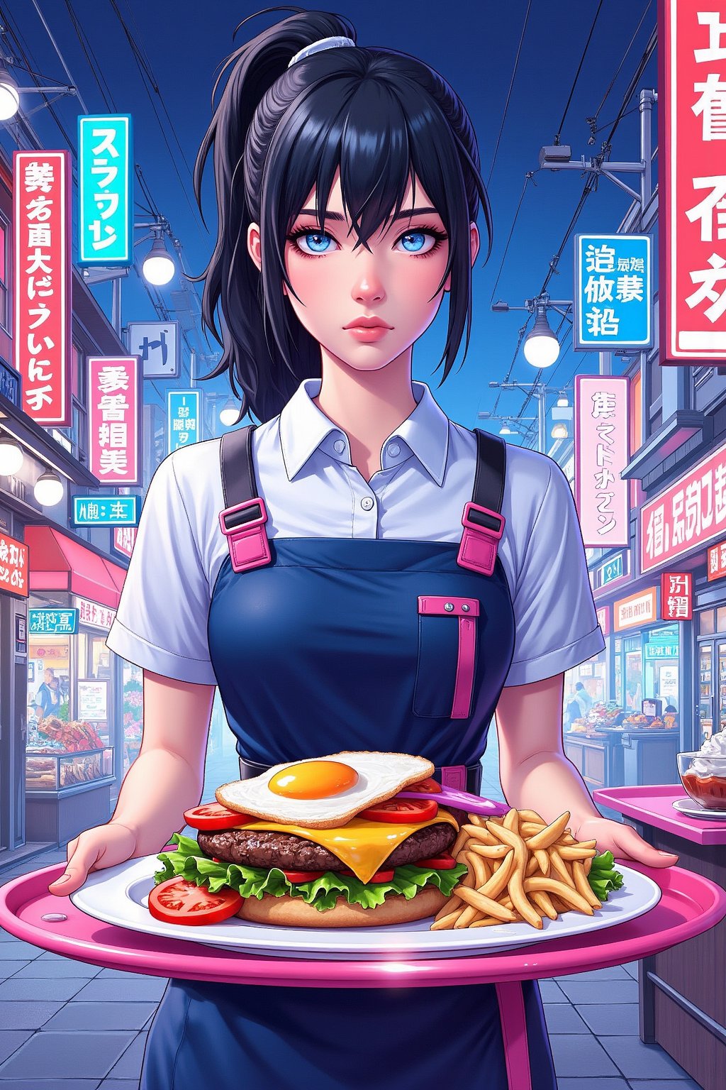 A highly detailed FrameForge style illustration in a vibrant, neon-lit urban setting, likely inspired by East Asian cities like Tokyo or Seoul. The central figure is a young woman with a light skin tone and long, straight black hair tied back in a high ponytail. She has a serious expression and is dressed in a white collared shirt underneath a dark blue apron with pink accents and utility straps. Her outfit is reminiscent of a futuristic or anime-inspired waitress uniform. She is holding a large plate of food, which includes a burger topped with various colorful ingredients like lettuce, tomato, and what appears to be a fried egg, garnished with herbs. The plate is placed on a pink, oval-shaped tray. The background is a bustling, neon-lit street scene with multiple signs and billboards in Japanese and other Asian languages, indicating a vibrant nightlife or a busy commercial district. The colors are intense and dynamic, with a mix of cool blues, hot pinks, and warm yellows, creating a vivid, almost surreal atmosphere. The detailed textures of the food, clothing, and signs enhance the realism and depth of the illustration, making it a visually striking and immersive piece.