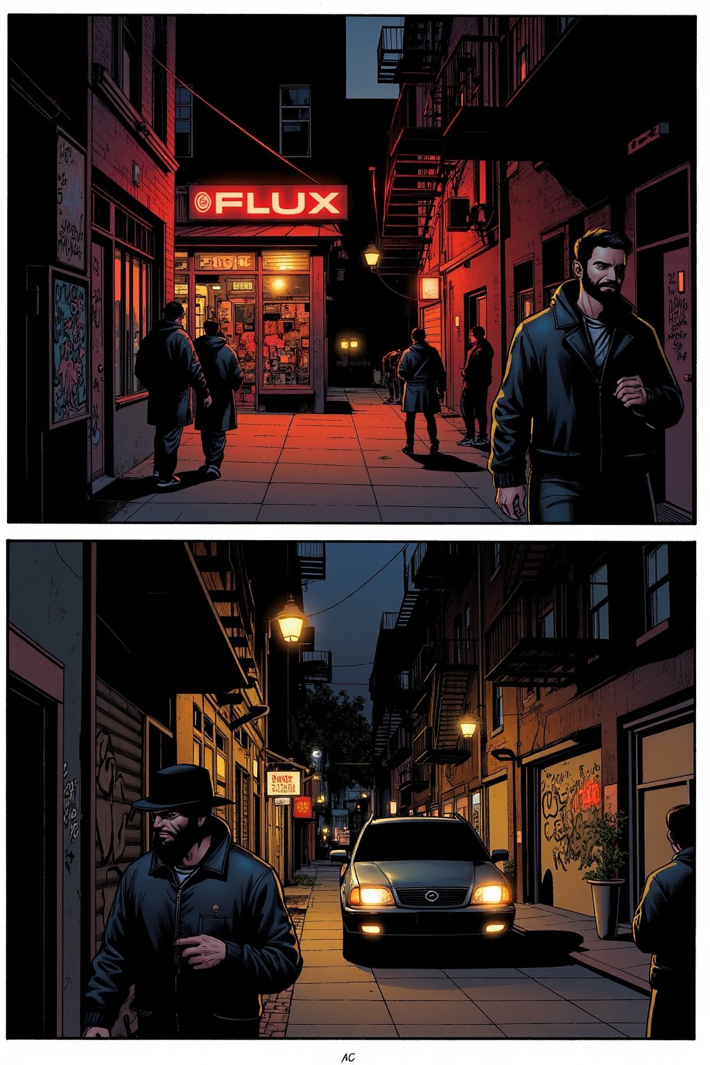 A FrameForge style comic depicting a nighttime scene in an urban alleyway. The scene is divided into two panels. The top panel shows a dimly lit alleyway with a mix of graffiti-covered walls and a fire escape. A bright red neon sign with the word "FLUX" in white letters is visible above a shop. Several people are walking or standing in the alley, some dressed in dark coats and hats, suggesting a cool or chilly night. A parked car with its headlights on is positioned near the center, adding to the urban atmosphere. The background includes tall buildings with windows and fire escapes, creating a dense urban environment. The bottom panel focuses on a closer view of the alley. A man in a dark coat and hat is standing near the parked car, while another person in a similar outfit is walking towards the car. The alley is narrow with graffiti on the walls, and the street is wet, suggesting recent rainfall or a sprinkler system. The lighting is a mix of neon signs and street lamps, casting a warm, orange glow over the scene. The art style is detailed and realistic, with a focus on urban textures and character expressions.