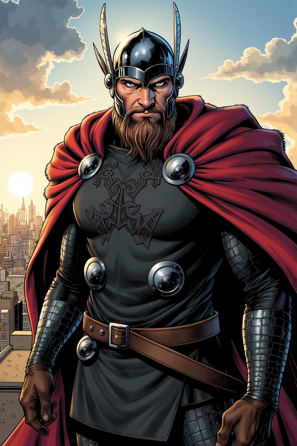 A powerful cover illustration in FrameForge style. A rugged male superhero with Viking influence stands on a windswept rooftop, overlooking a city bathed in the dim glow of dawn. He wears a dark leather battle suit with metal accents, featuring Norse-inspired patterns etched along his chest armor and gauntlets. His muscular build is wrapped in a heavy, fur-lined crimson cape, billowing in the wind behind him. His weathered face, framed by a short, braided beard and intense blue eyes, is shadowed by a metal helm with subtle horn accents. The scene captures a mystical, ancient warrior essence in a modern urban setting, detailed yet bold for maximum impact when scaled down.