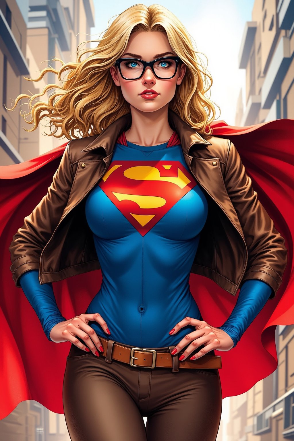 A highly detailed FrameForge style image featuring a young woman with an athletic physique and a confident expression. She has long, flowing blonde hair that is slightly tousled, and she is wearing a tight-fitting blue superhero costume with a prominent red and yellow emblem on her chest, which is reminiscent of the classic Superman symbol. Her costume is accentuated by a red cape that billows behind her, adding a sense of dynamism and power. She is also wearing a brown leather jacket, which is unbuttoned to reveal her superhero outfit underneath. Her outfit is completed with high-waisted brown pants that fit snugly. The woman's skin is fair, and she has a youthful, smooth complexion. Her eyes are a striking blue, and she wears a pair of black-framed glasses perched on her nose, giving her a scholarly or intellectual appearance. The background is a blurred mix of colors, primarily red and white, suggesting a fast-paced, action-packed environment. The lighting is bright, casting dramatic shadows and highlighting her features. The overall style of the illustration is highly polished and realistic, with meticulous attention to detail in both the character's facial expressions and the fabric textures of her clothing.