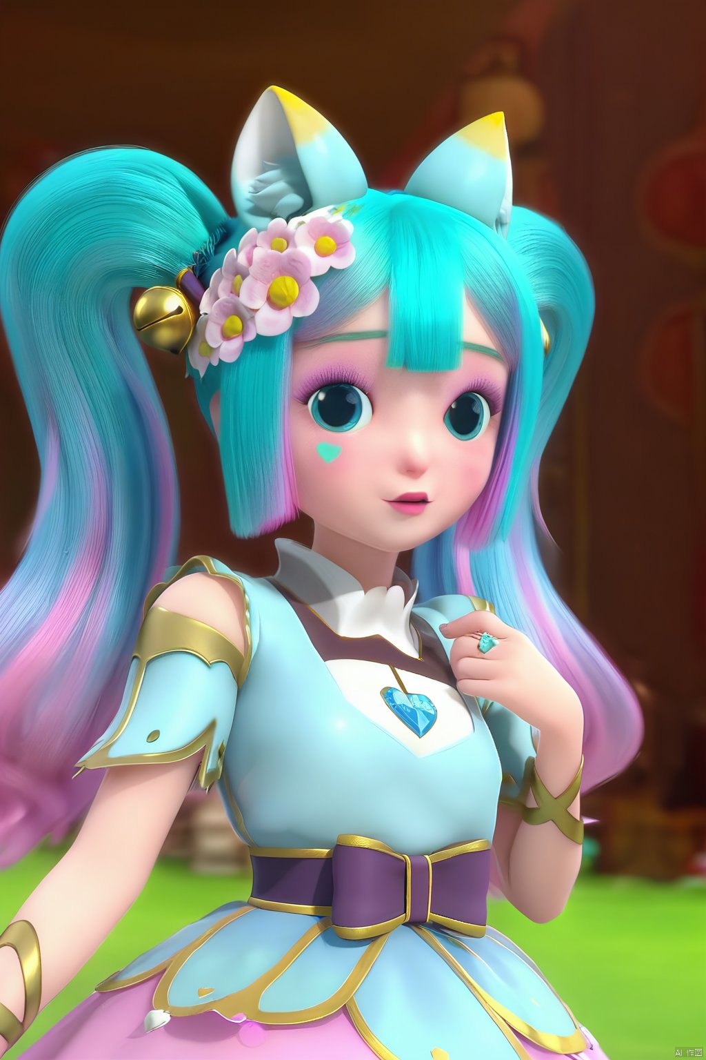 masterpiece, best quality, masterpiece,best quality,official art,extremely detailed CG unity 8k wallpaper,1girl,solo,long hair,bangs,hair ornament,dress,animal ears,twintails,jewelry,blue hair,pink hair,gradient hair,heart,makeup,multicolored hair,cat ears,bell,blue dress,jingle bell,hair bell,hair flower,short sleeves,blue footwear,pink flower,rose,ring,boots,flower,upper body