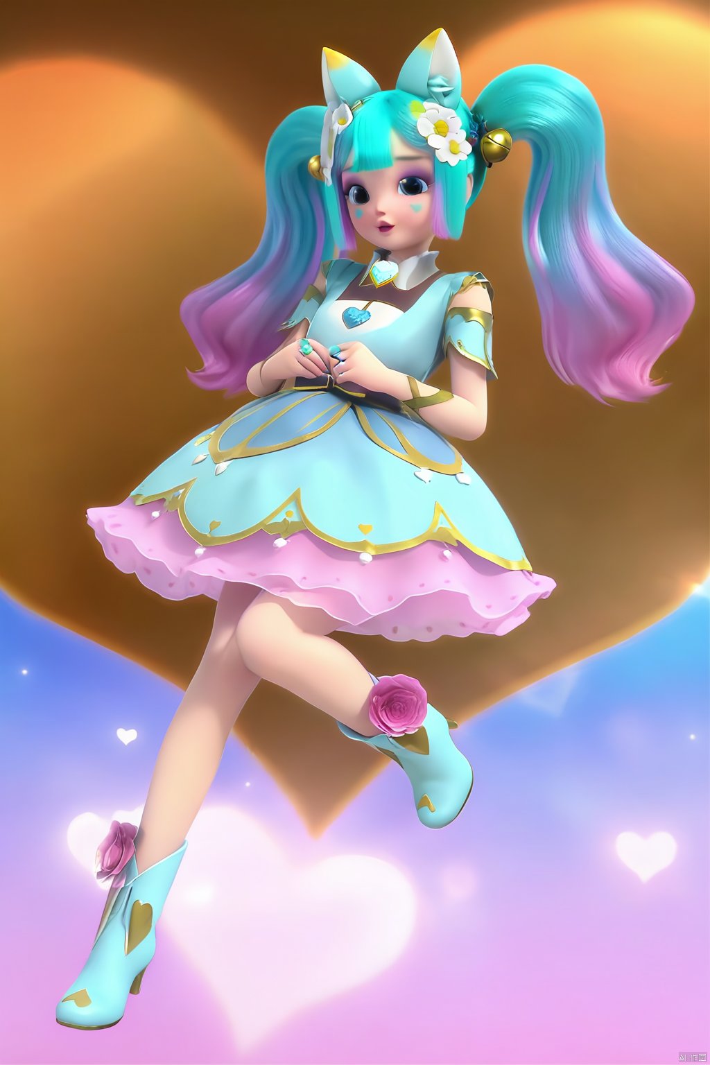 masterpiece, best quality, masterpiece,best quality,official art,extremely detailed CG unity 8k wallpaper,1girl,solo,long hair,bangs,hair ornament,dress,animal ears,twintails,jewelry,blue hair,pink hair,gradient hair,heart,makeup,multicolored hair,cat ears,bell,blue dress,jingle bell,hair bell,hair flower,short sleeves,blue footwear,pink flower,rose,ring,boots,flower,