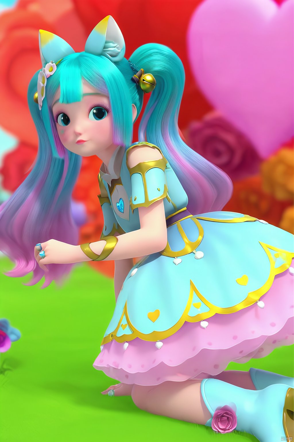 masterpiece, best quality, masterpiece,best quality,official art,extremely detailed CG unity 8k wallpaper,1girl,solo,long hair,bangs,hair ornament,dress,animal ears,twintails,jewelry,blue hair,pink hair,gradient hair,heart,multicolored hair,cat ears,bell,blue dress,jingle bell,hair bell,hair flower,short sleeves,blue footwear,pink flower,rose,ring,boots,flower,all fours,closed mouth