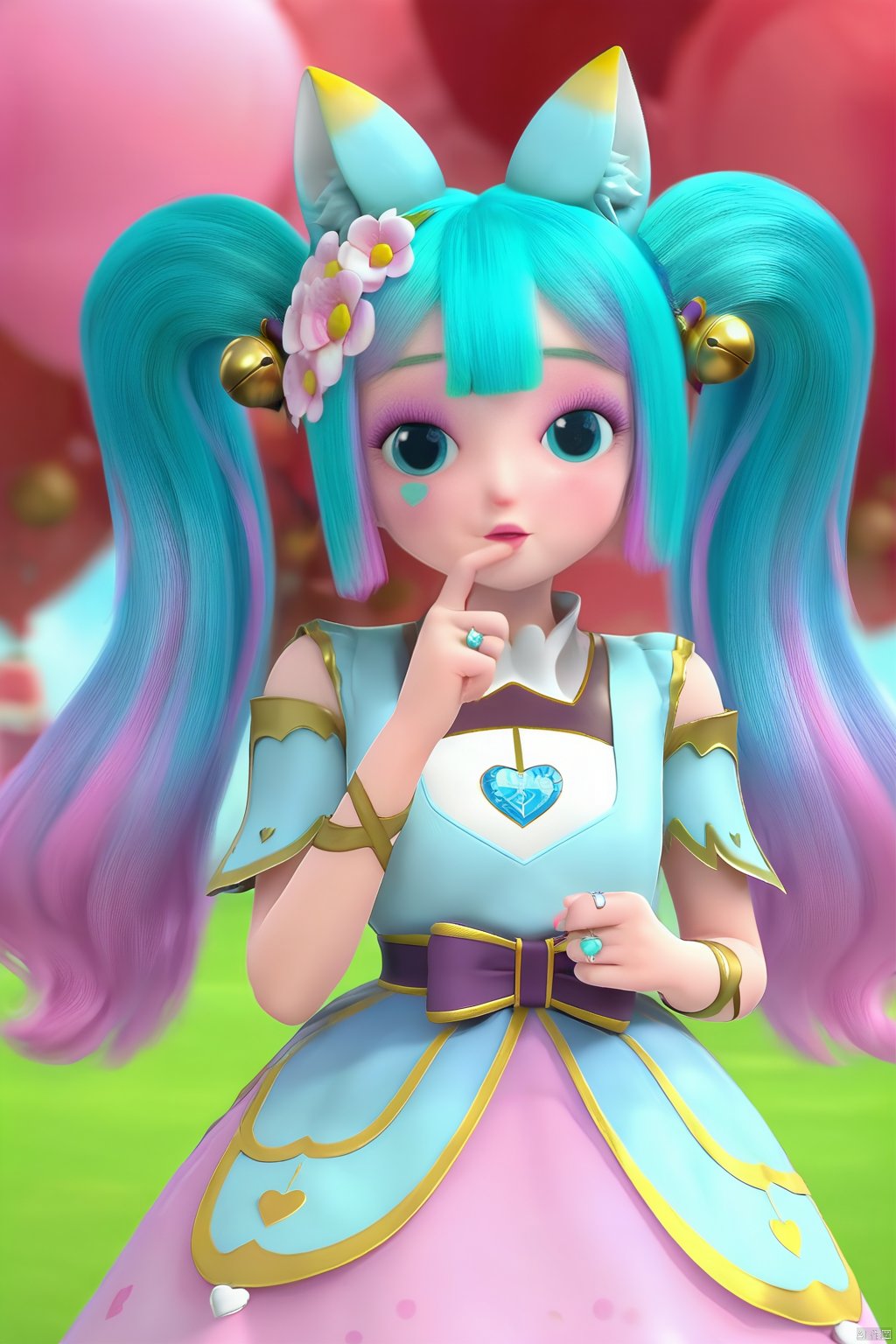 masterpiece, best quality, masterpiece,best quality,official art,extremely detailed CG unity 8k wallpaper,1girl,solo,long hair,bangs,hair ornament,dress,animal ears,twintails,jewelry,blue hair,pink hair,gradient hair,heart,makeup,multicolored hair,cat ears,bell,blue dress,jingle bell,hair bell,hair flower,short sleeves,blue footwear,pink flower,rose,ring,boots,flower,upper body