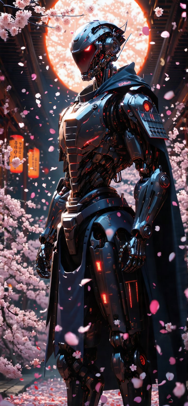 A cyberpunk samurai, cloaked in darkness, stands victorious amidst a whirlwind of cherry blossom petals. Framed from a low angle, the camera gazes up at the towering mecha warrior's imposing figure, as warm sunlight casts long shadows behind him. Petals swirl in a gentle dance around his mighty form, exuding an aura of cinematic grandeur.