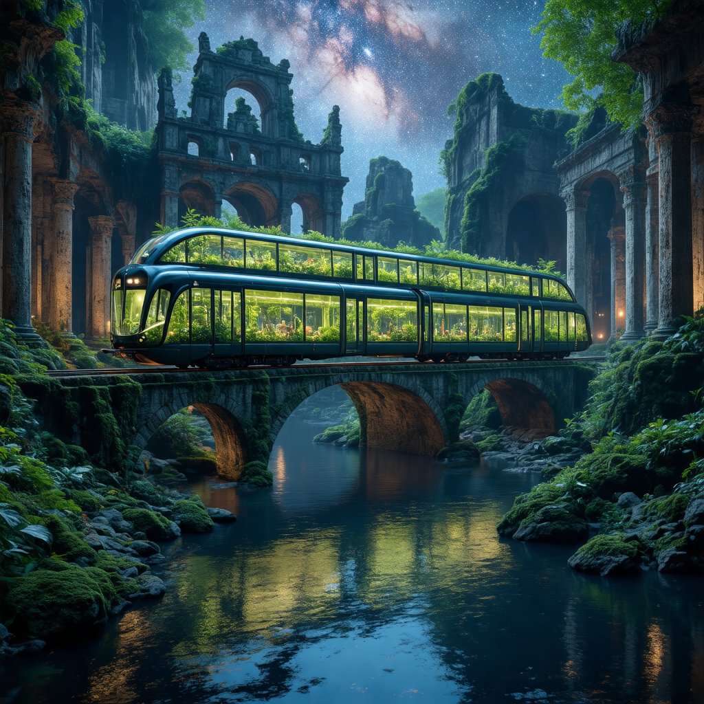 A surreal hyperrealistic photograph captures a futuristic eco-friendly double-decker train on a weathered bridge over the river, surrounded by lush flora and ancient ruins. The transparent glass carriages are filled with vibrant green plants as darkness falls, casting a mystical ambiance under the starry night sky. The train's sleek design glows softly, reflected in the clear river below. In the foreground, an ancient broken building covered in moss stands tall, its pillars overgrown with verdant vines. The composition is masterful, with a depth of field that draws the viewer into the scene. The hyperrealistic texture and volumetric details are breathtakingly accurate, making this image feel like a cinematic still.