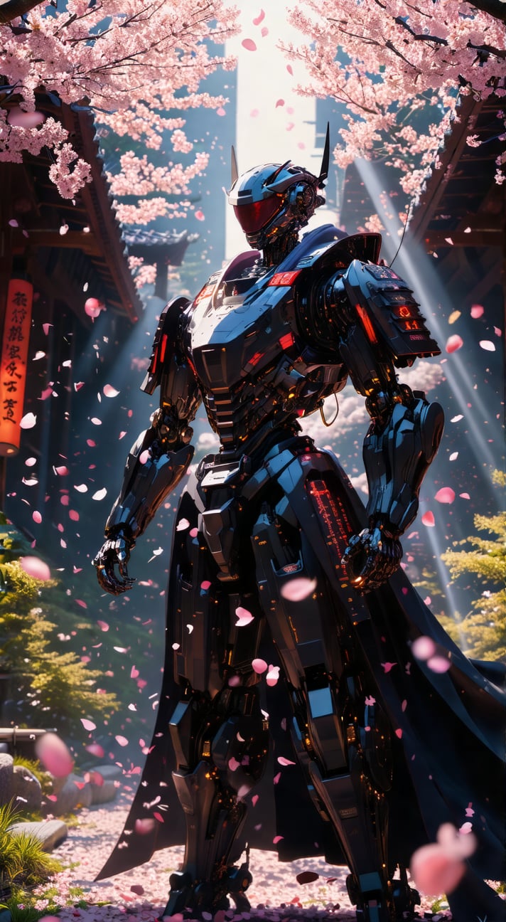 A cyberpunk samurai, cloaked in darkness, stands victorious amidst a whirlwind of cherry blossom petals. Framed from a low angle, the camera gazes up at the towering mecha warrior's imposing figure, as warm sunlight casts long shadows behind him. Petals swirl in a gentle dance around his mighty form, exuding an aura of cinematic grandeur.