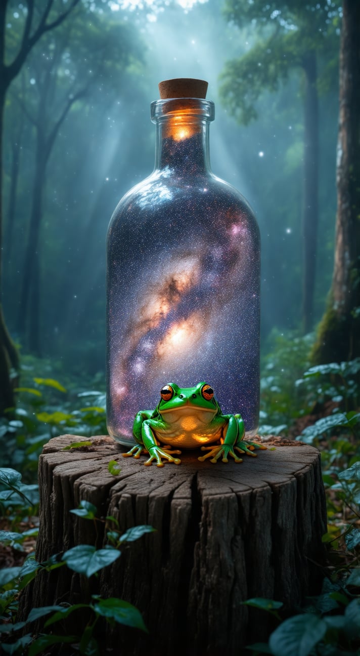 Close-up shot of a translucent glass bottle sitting atop a weathered tree stump amidst the misty depths of a humid forest. The galaxy swirls within the bottle's interior, illuminated by an ethereal glow. A green frog perches beside the bottle, its gaze intent on the celestial scene unfolding before it. The frog's large eyes reflect the galaxy's vibrant hues, as if mesmerized by the cosmic dance inside the glass container.