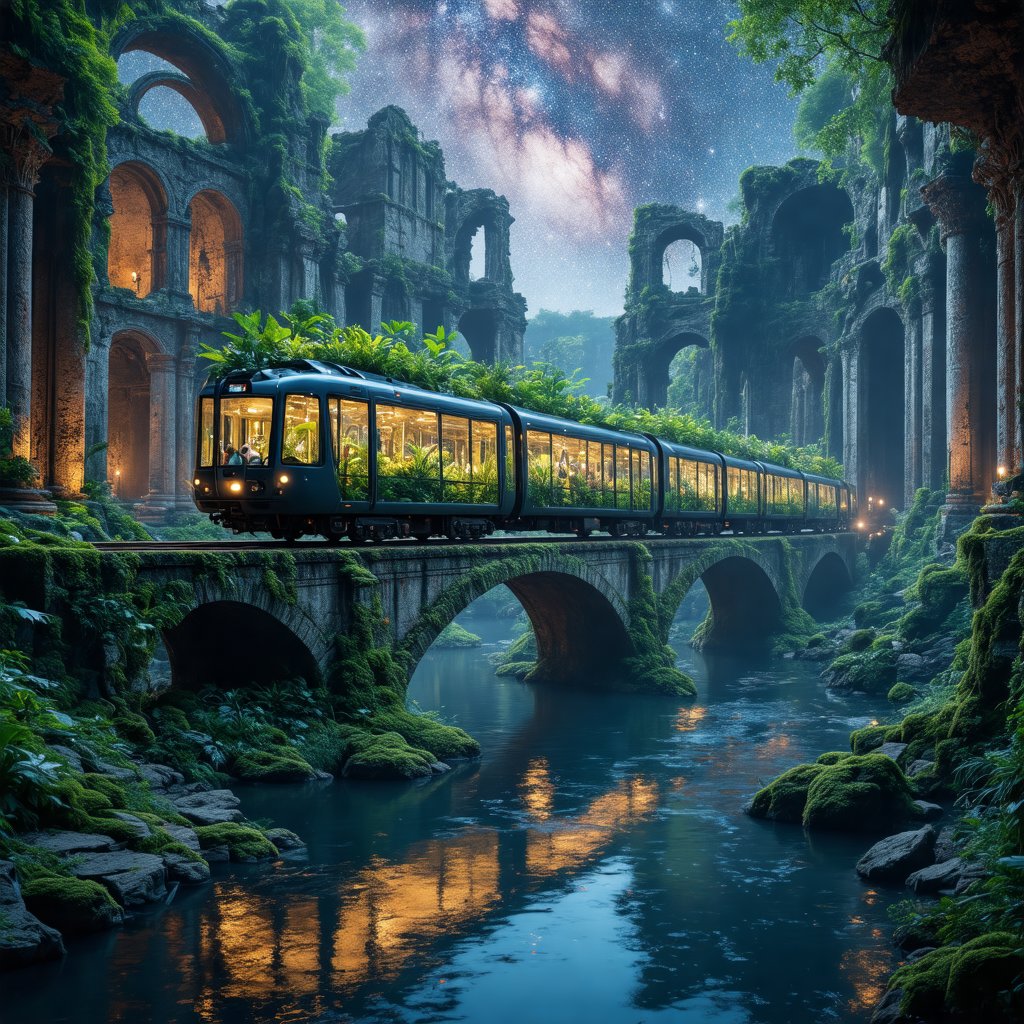 A surreal hyperrealistic photograph captures a futuristic eco-friendly double-decker train on a weathered bridge over the river, surrounded by lush flora and ancient ruins. The transparent glass carriages are filled with vibrant green plants as darkness falls, casting a mystical ambiance under the starry night sky. The train's sleek design glows softly, reflected in the clear river below. In the foreground, an ancient broken building covered in moss stands tall, its pillars overgrown with verdant vines. The composition is masterful, with a depth of field that draws the viewer into the scene. The hyperrealistic texture and volumetric details are breathtakingly accurate, making this image feel like a cinematic still.