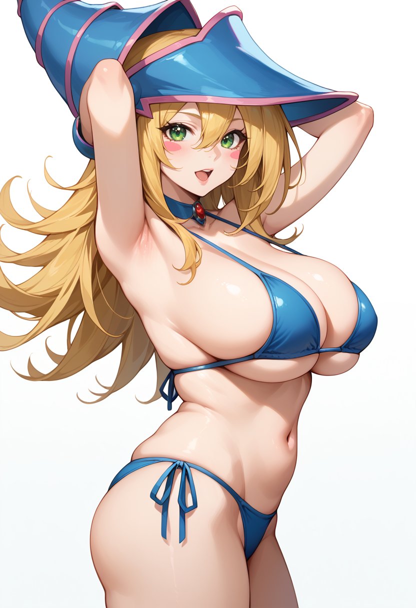 score_9, score_8_up, score_7_up, source_anime, DMGYGO, blonde hair, long hair, hair between eyes, green eyes, blush stickers, wizard hat, blue headwear, choker, large breasts, cowboy shot, 1girl, solo, navel, huge breasts, armpits, arms up, blue bikini, looking at viewer, arms behind head, side-tie bikini bottom, open mouth, bangs, from side, side view, skindentation