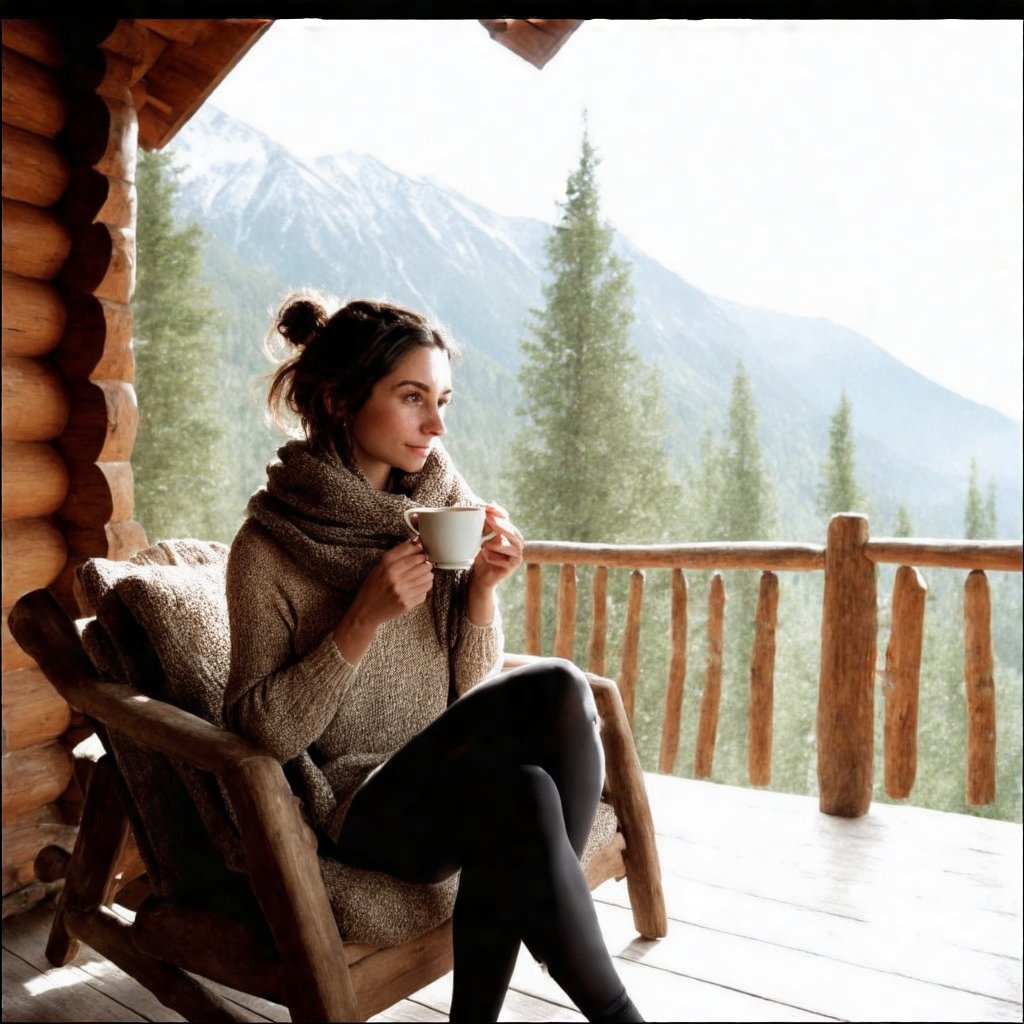 cinematic, masterpiece, ultra detailed textures and colors, ultra realistic, 8k, a beautiful woman in a mountain cabin, wrapped in a warm, oversized scarf while sipping tea on the porch. Dressed in a knitted sweater and cozy leggings, her hair is pulled back in a messy bun. Use soft, natural light filtering through the trees to create a cozy, inviting atmosphere. Capture this scene with a telephoto lens to compress the background, emphasizing her connection to the serene mountain environment, pjhv