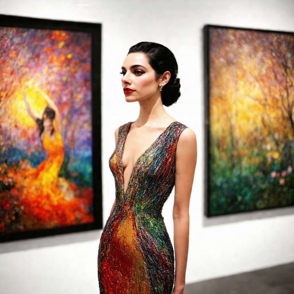 cinematic, masterpiece, ultra detailed textures and colors, ultra realistic, 8k, a beautiful woman in a Capture her at an art gallery opening, standing elegantly in a fitted, colorful dress that complements the art around her. Her hair is styled in an elegant updo, and her makeup is bold with a deep red lip. Use soft spotlights to highlight her against the vibrant art, employing a portrait lens to focus on her expression of admiration and inspiration, conveying a sophisticated and artistic mood, pjhv