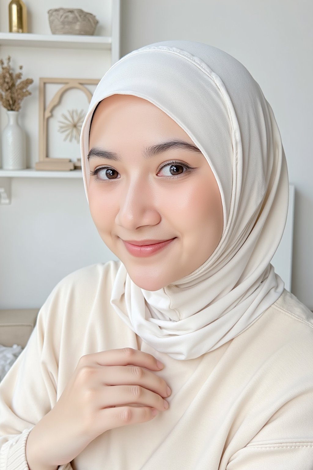 A close-up photo of AdelliaHalim with white hijab. She is looking at the viewer with bright and loving eyes. She is leaning forwardal. Close-up of face, very detailed. She is wearing a perfect beige soft sweater in a white room with a few decoration. Hasselblad H6D-400c MS, low exposure, high contrast, ISO 100, with a 120mm macro lens.